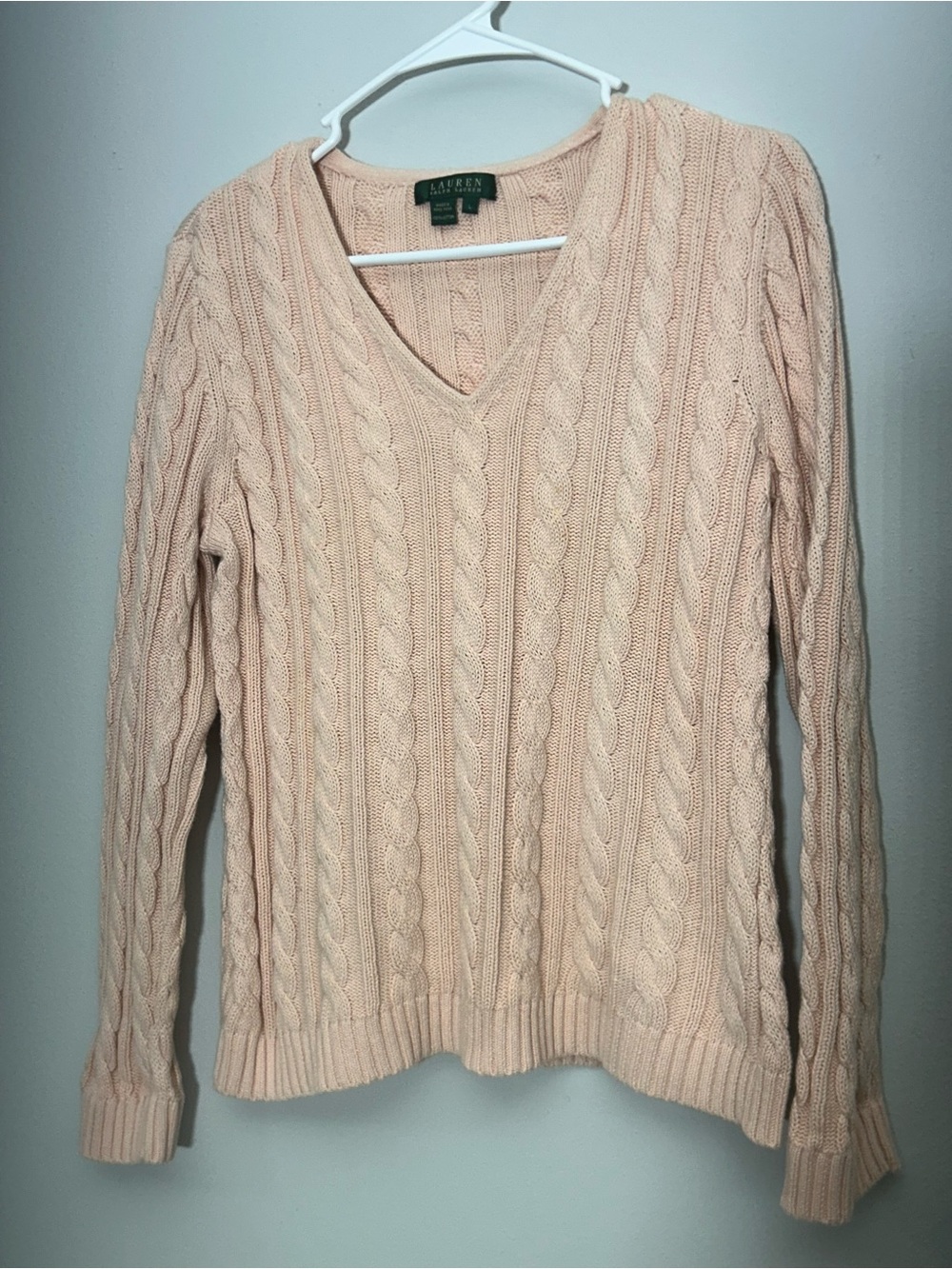 Ralph Lauren Women’s Soft Blush Cable-Knit V-Neck Sweater Size L